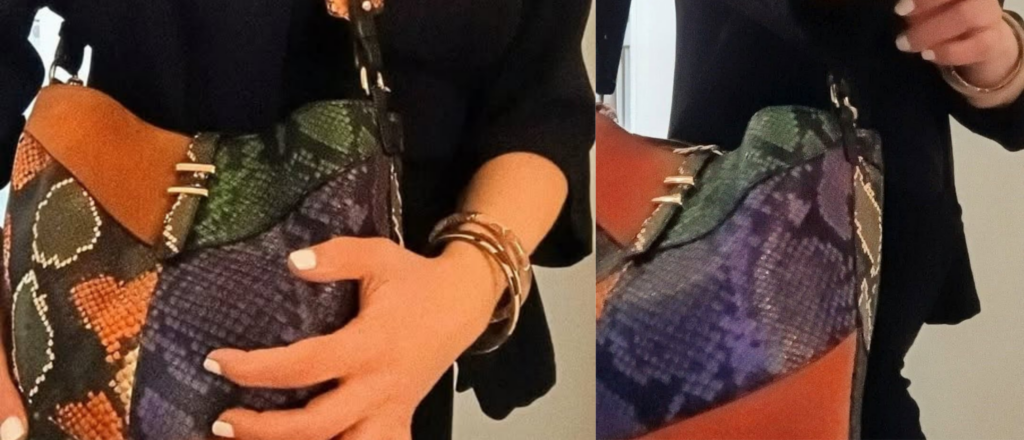Close-up pictures of two showing a woman wearing a patchwork bucket bag in different snake skin leather colours.